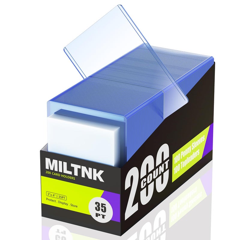 MILTNK 200 Pack Card Sleeves Toploaders  Hard Plastic Top Loaders  Baseball Sports Trading PKM Card Holder Protectors (100 Toploaders + 100 Sleeves) - Image 1